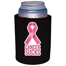 Load image into Gallery viewer, black thick foam can koozie with cancer sucks text and pink ribbon graphic
