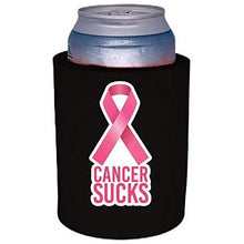 Load image into Gallery viewer, black thick foam can koozie with cancer sucks text and pink ribbon graphic