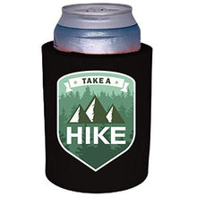 Load image into Gallery viewer, black old school thick foam koozie with take a hike design 
