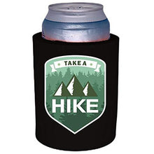 Load image into Gallery viewer, black old school thick foam koozie with take a hike design