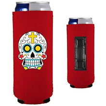 Load image into Gallery viewer, red magnetic slim can koozie with sugar skull graphic design