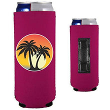 Load image into Gallery viewer, magenta magnetic slim can koozie with palm tree sunset design