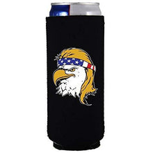 Load image into Gallery viewer, black slim can koozie with bald eagle with mullet hair funny design