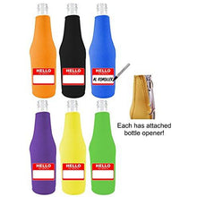 Load image into Gallery viewer, Writable Hello My Name Is Set of Beer Bottle Coolies With Openers