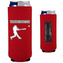 Load image into Gallery viewer, red magnetic slim can koozie with touchdown! (baseball player hitting) funny design