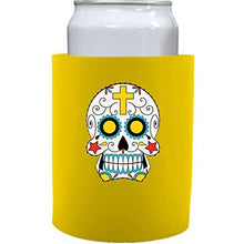 Load image into Gallery viewer, yellow old school thick foam koozie with sugar skull design
