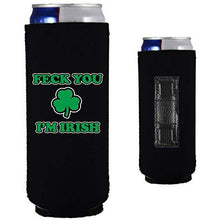 Load image into Gallery viewer, black magnetic slim can koozie with feck you I'm irish funny design