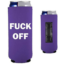 Load image into Gallery viewer, purple magnetic slim can koozie with fuck off text in white