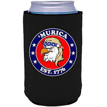 Load image into Gallery viewer, black can koozie with &quot;’Murica 1776&quot; logo and bald eagle mullet funny design
