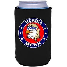 Load image into Gallery viewer, black can koozie with "’Murica 1776" logo and bald eagle mullet funny design
