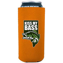 Load image into Gallery viewer, orange 16oz tallboy can koozie with "kiss my bass" funny text and bass fish graphic