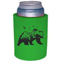 Load image into Gallery viewer, bright green thick foam old school can koozie with mountain bear graphic design
