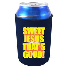 Load image into Gallery viewer, navy blue can koozie with "sweet jesus that's good" funny text design