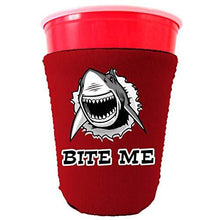 Load image into Gallery viewer, red party cup koozie with bite me shark design 
