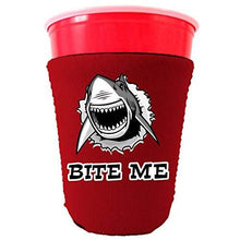 Load image into Gallery viewer, red party cup koozie with bite me shark design