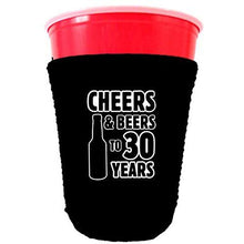 Load image into Gallery viewer, black party cup koozie cheers and beers to 30 years design