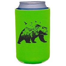 Load image into Gallery viewer, bright green can koozie with mountain bear graphic design
