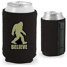 Load image into Gallery viewer, black magnetic can koozie with funny bigfoot believe design