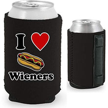 Load image into Gallery viewer, black magnetic can koozie with I (heart) wieners&quot; text and hot dog illustration funny design
