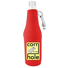 Load image into Gallery viewer, red beer bottle koozie with opener with corn hole design