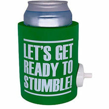 Load image into Gallery viewer, green thick foam can koozie with shotgun beer device and "let's get ready to stumble" funny text design