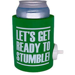 green thick foam can koozie with shotgun beer device and "let's get ready to stumble" funny text design