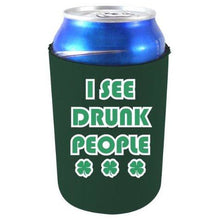 Load image into Gallery viewer, dark green koozie with "i see drunk people" funny text design and 3 shamrocks