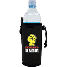 Load image into Gallery viewer, black water bottle koozie with "dyslexics untie" funny text design and fist graphic