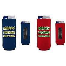 Load image into Gallery viewer, navy blue and red magnetic slim can koozie with merry fucking christmas and happy fucking new year text designs