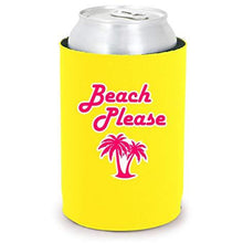 Load image into Gallery viewer, Yellow full bottom can koozie with "beach please" text and palm tree design