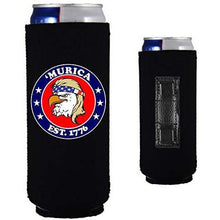 Load image into Gallery viewer, black magnetic slim can koozie with "’Murica 1776" logo and bald eagle mullet funny design