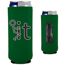Load image into Gallery viewer, kelly green magnetic slim can koozie with funny fuck it (stick figure) design