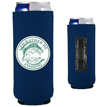 Load image into Gallery viewer, navy blue magnetic slim can koozie with i'd rather be fishing funny design