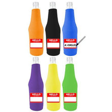 Load image into Gallery viewer, multi color zipper beer bottle koozie with hello design