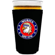 Load image into Gallery viewer, black pint glass koozie with &quot;’Murica 1776&quot; logo and bald eagle mullet funny design
