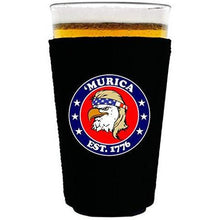 Load image into Gallery viewer, black pint glass koozie with "’Murica 1776" logo and bald eagle mullet funny design