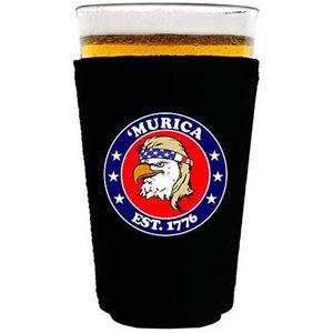 black pint glass koozie with "’Murica 1776" logo and bald eagle mullet funny design