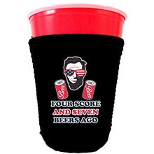 Load image into Gallery viewer, black party cup koozie with four score and seven beers ago design 
