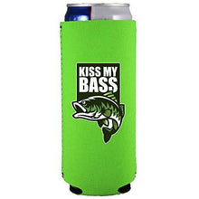 Load image into Gallery viewer, neon green slim skinny can koozie with "kiss my bass" funny text and bass fish graphic