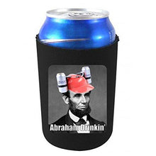 Load image into Gallery viewer, black can koozie with &quot;abraham drinkin&#39;&quot; text and funny abe lincoln image with beer hat

