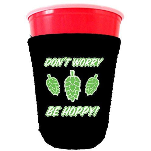 black party cup koozie with dont worry be hoppy design 