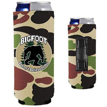 Load image into Gallery viewer, camo magnetic slim can koozie with bigfoot doesn't believe in you design