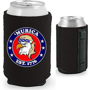 black magnetic can koozie with "’Murica 1776" logo and bald eagle mullet funny design
