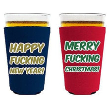 Load image into Gallery viewer, pint glass koozie with meery christmas happy new year design
