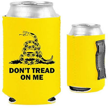 Load image into Gallery viewer, yellow magnetic can koozie with don&#39;t tread on me gadsden flag design and snake graphic
