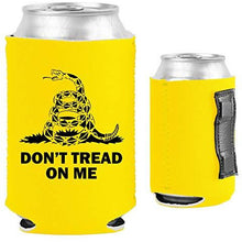 Load image into Gallery viewer, yellow magnetic can koozie with don't tread on me gadsden flag design and snake graphic