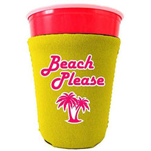 Load image into Gallery viewer, yellow party cup koozie with beach please design 
