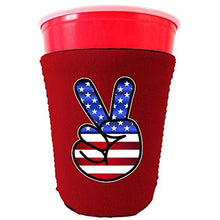 Load image into Gallery viewer, red party cup koozie with american peace sign design