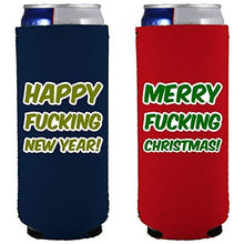Load image into Gallery viewer, slim can koozies with merry fucking chrismtas and happy fucking new year funny text designs