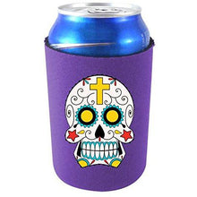 Load image into Gallery viewer, purple can koozie with sugar skull graphic design